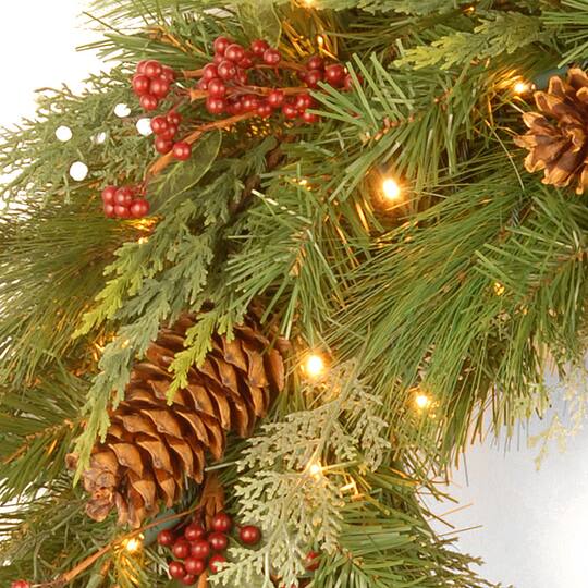 30" White Pine & Pine Cones Wreath With Soft White LED Lights